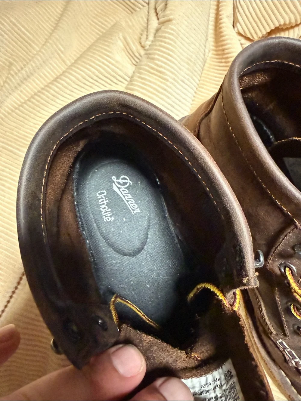 Danner Dark Brown Leather Moc Toe Work Boots with Yellow-Brown Laces